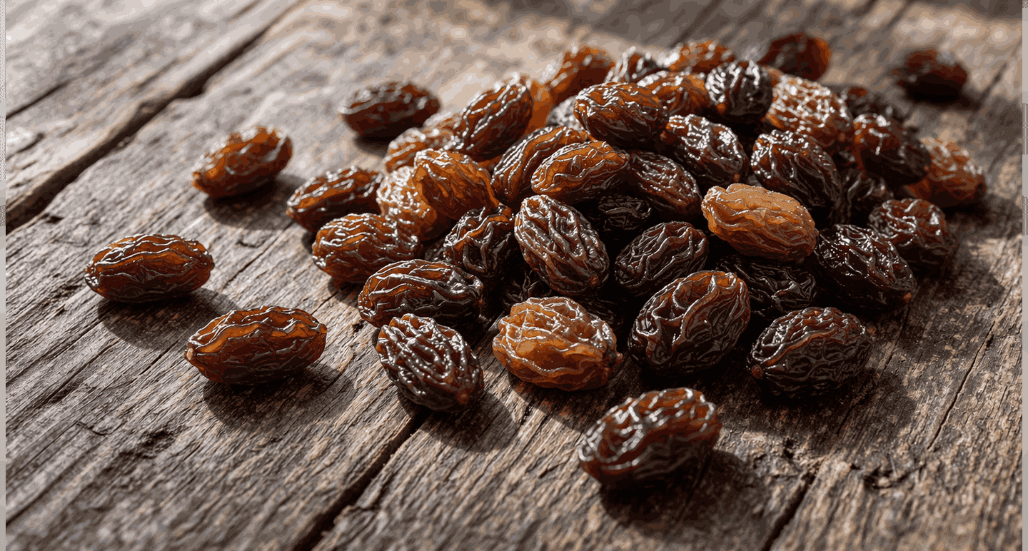 Suszone rodzynki na drewnianym stole.