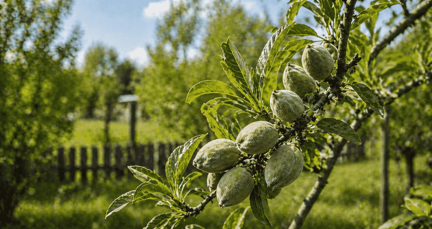 Zielone migdały rosnące na gałęzi drzewa w przydomowym sadzie.