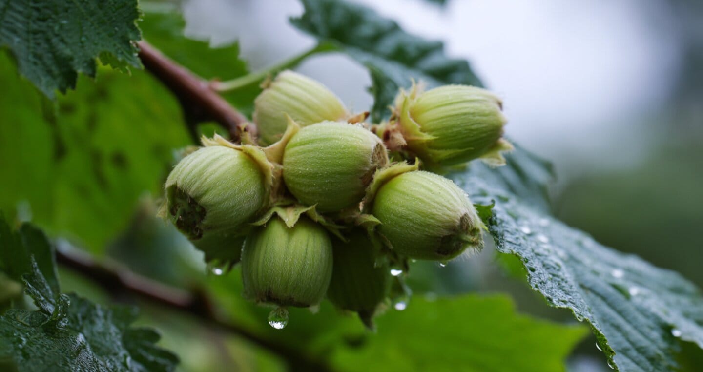 Zielone orzechy laskowe na gałęzi z kroplami wody, otoczone liśćmi.
